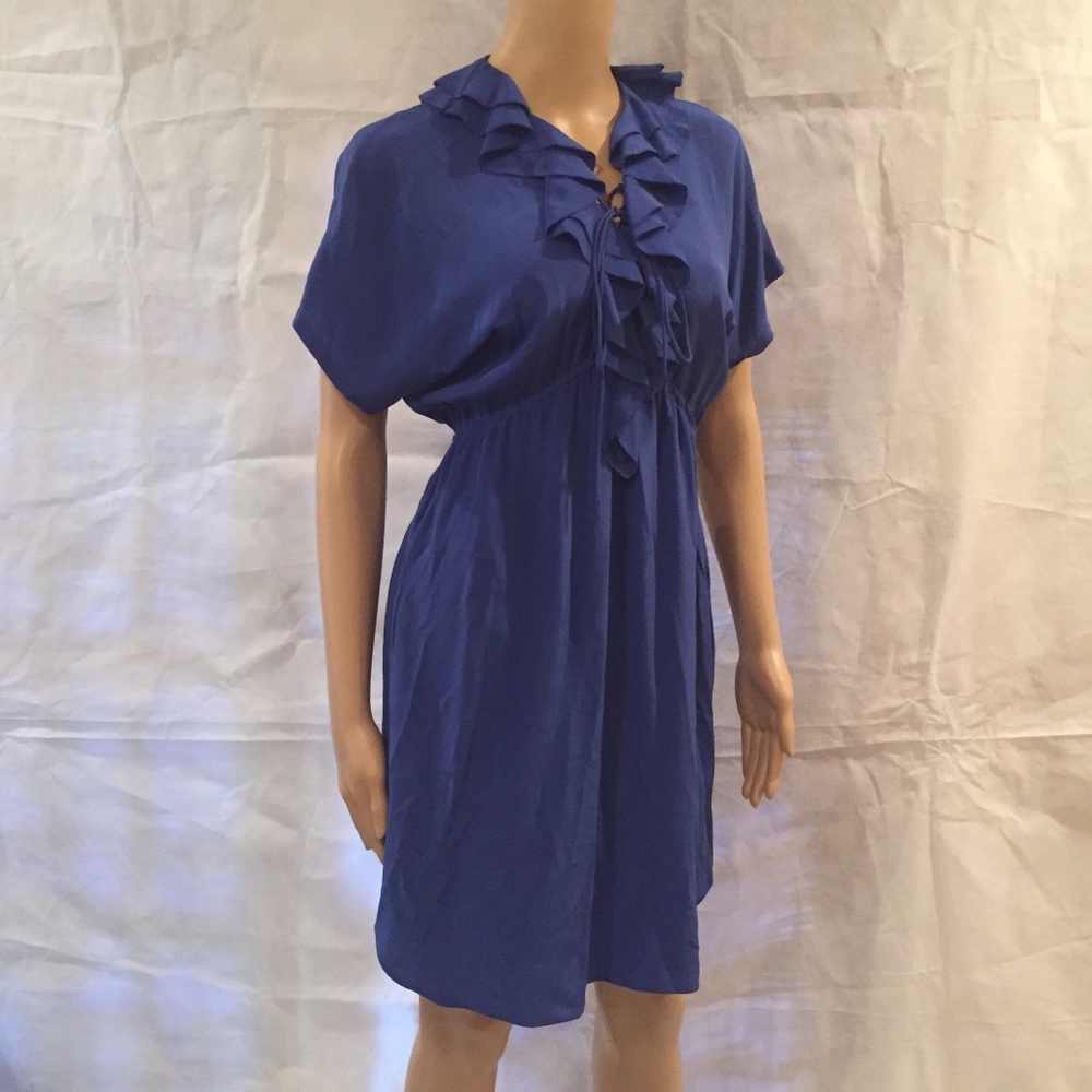 Rebecca Taylor Blue Ruffle Lace Up Silk Dress